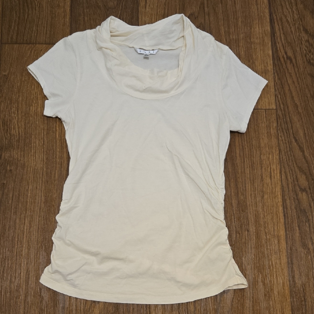 CAbi 949 Cream Short Sleeve Top Ruching Cowl Neck Size Large